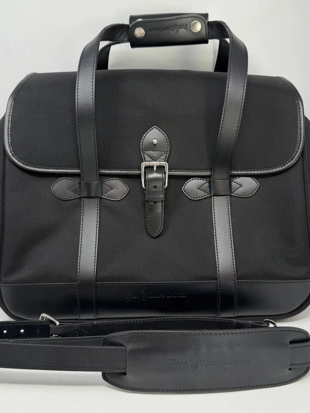 NWOT- Polo by Ralph Lauren Black Nylon Messenger with Leather Trim